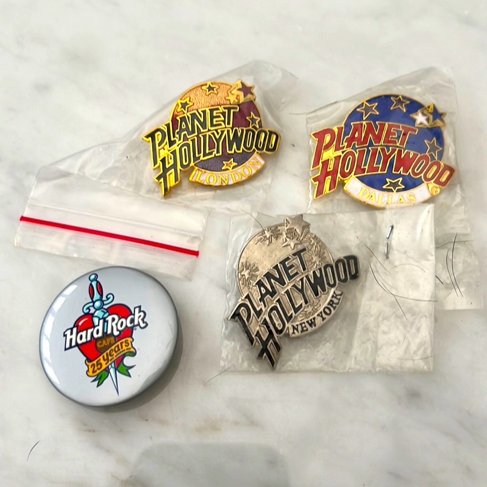 3 NEW Planet Hollywood pins and one hard rock 25th anniversary pin
